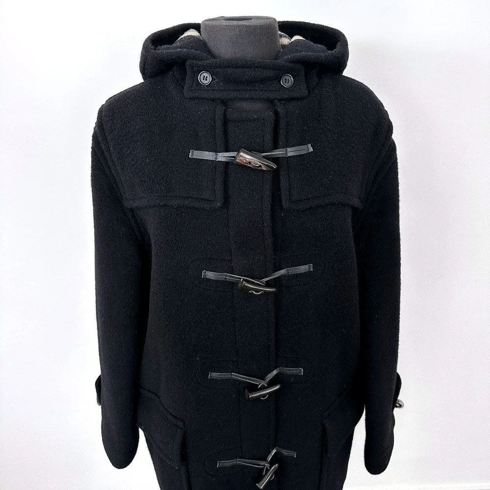 Vintage Burberry London Duffle Coat UK 10 Black Wool Hooded Toggle Nova Check 99 - Picture 3 of 16